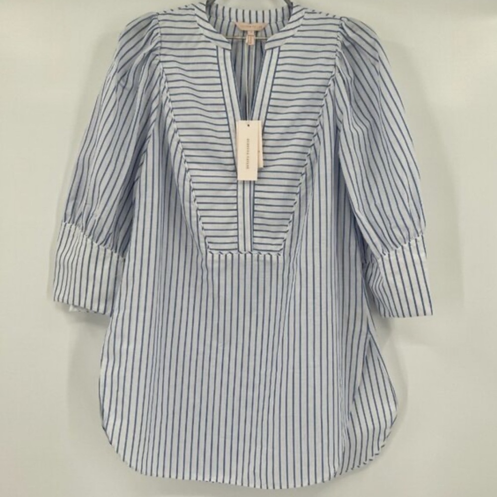 Rebecca Taylor milk and sky Blue and White Tunic with Puff Sleeves
